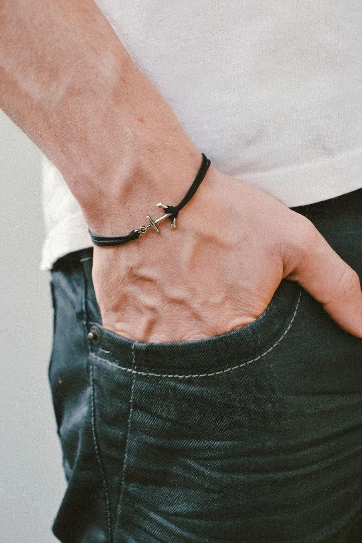 Silver anchor bracelet for men, black cord, nautical beach jewelry
