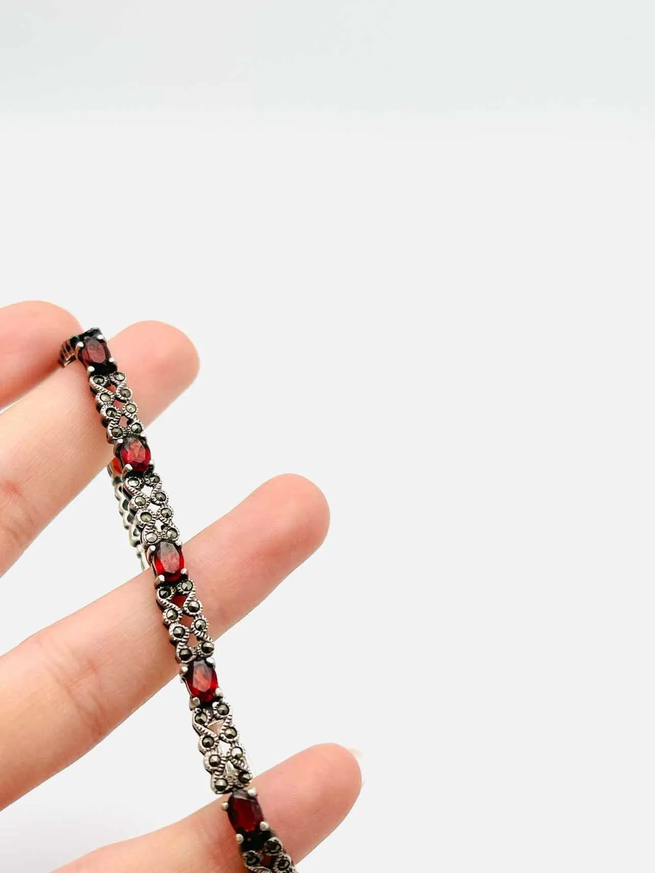 Silver/Red Garnet Sterling Silver Jewelry Bracelet