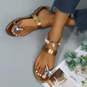 Sohiwoo  Women Butterfly Toe Ring Slip on Flat Slippers Slide Sandals