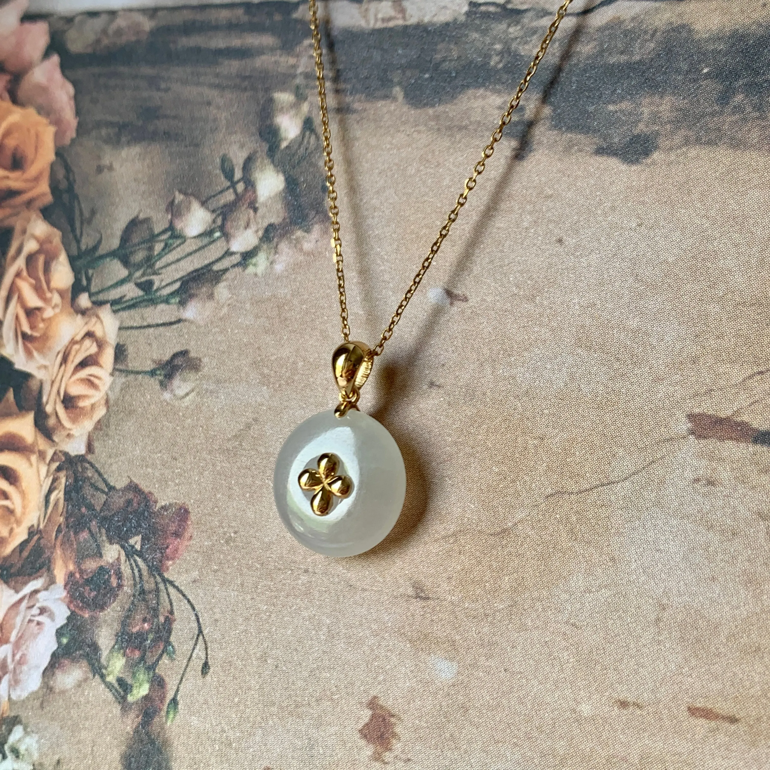 SOLD OUT: A-Grade White Jadeite Bespoke Donut Pendant (Lilac Flower) No.171900