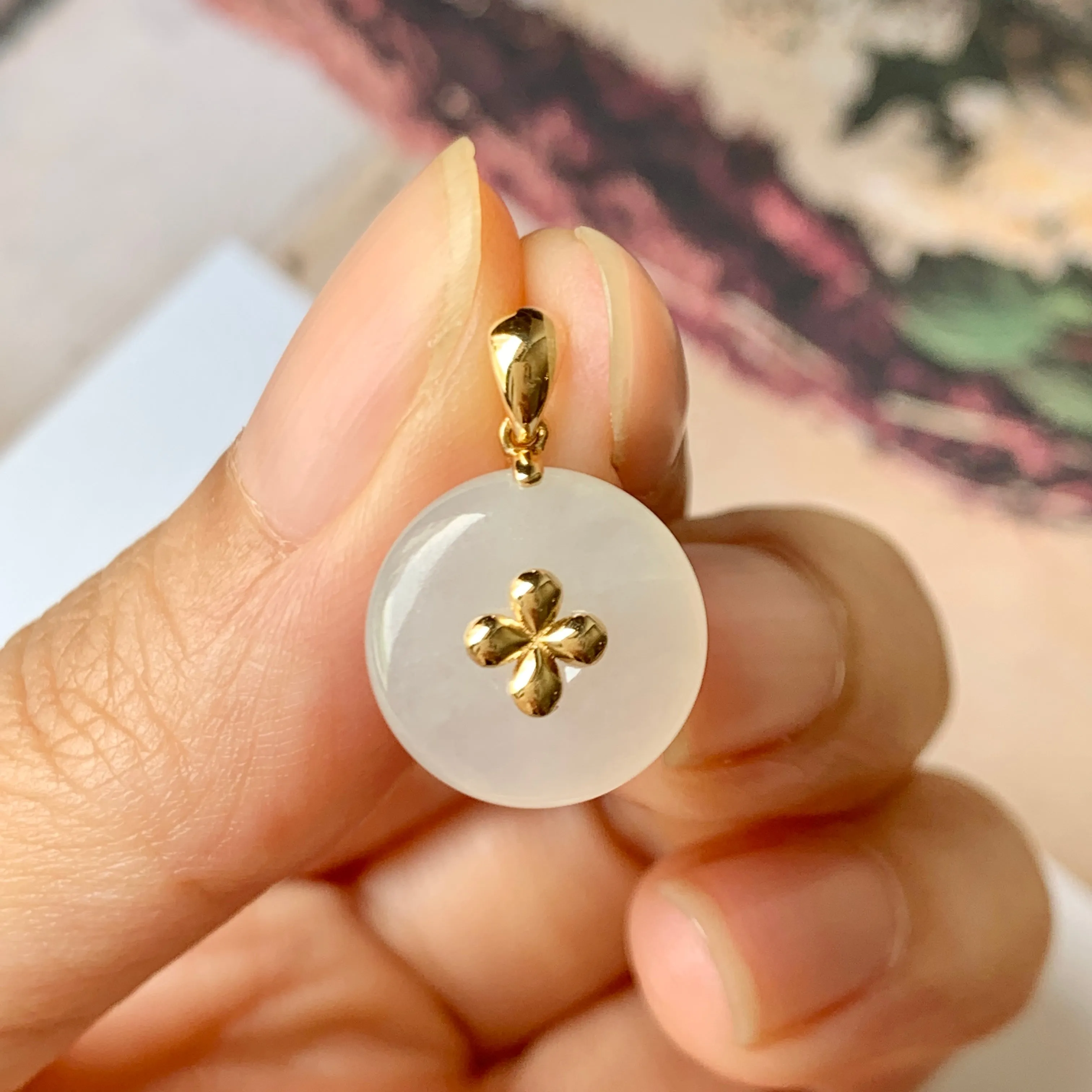 SOLD OUT: A-Grade White Jadeite Bespoke Donut Pendant (Lilac Flower) No.171900