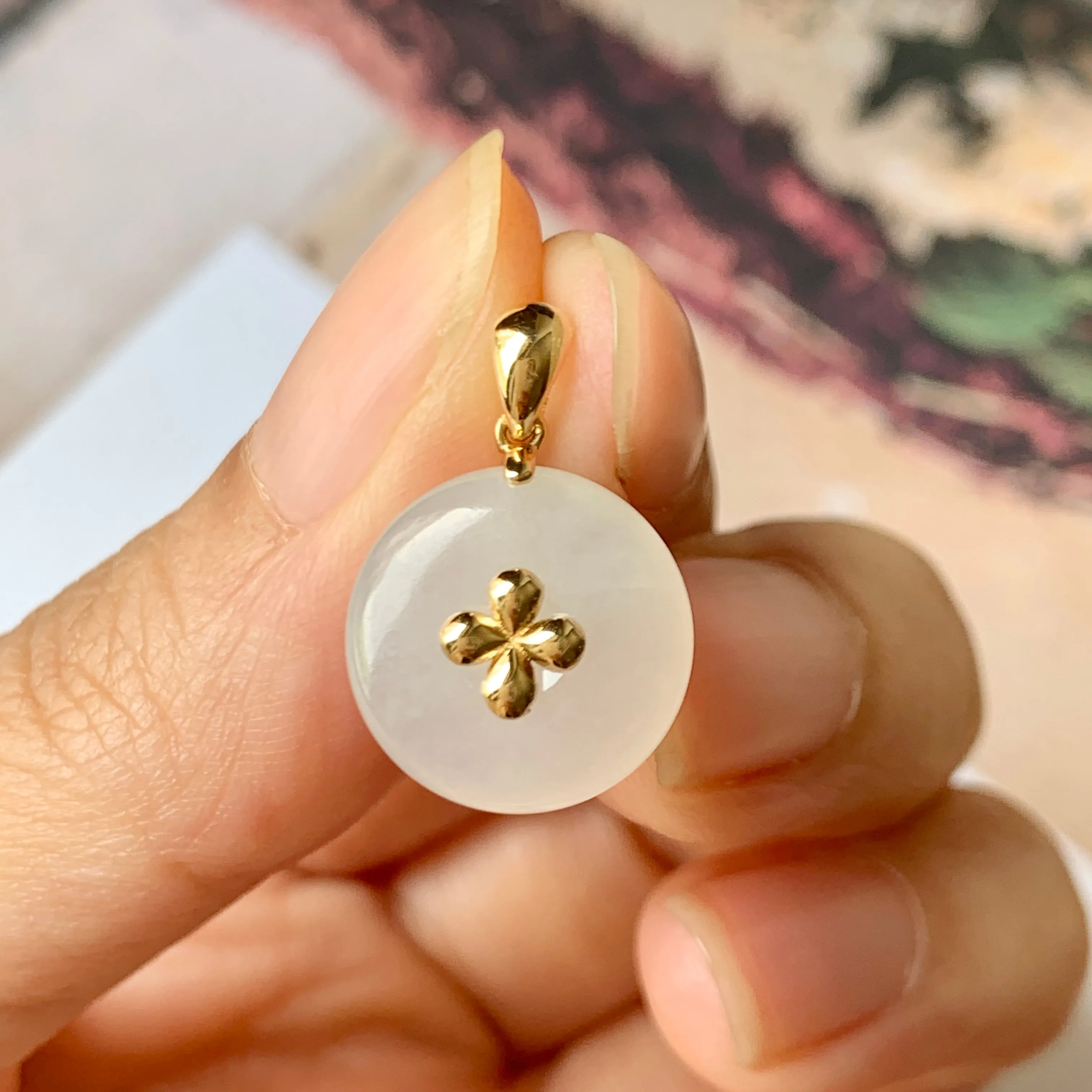 SOLD OUT: A-Grade White Jadeite Bespoke Donut Pendant (Lilac Flower) No.171900