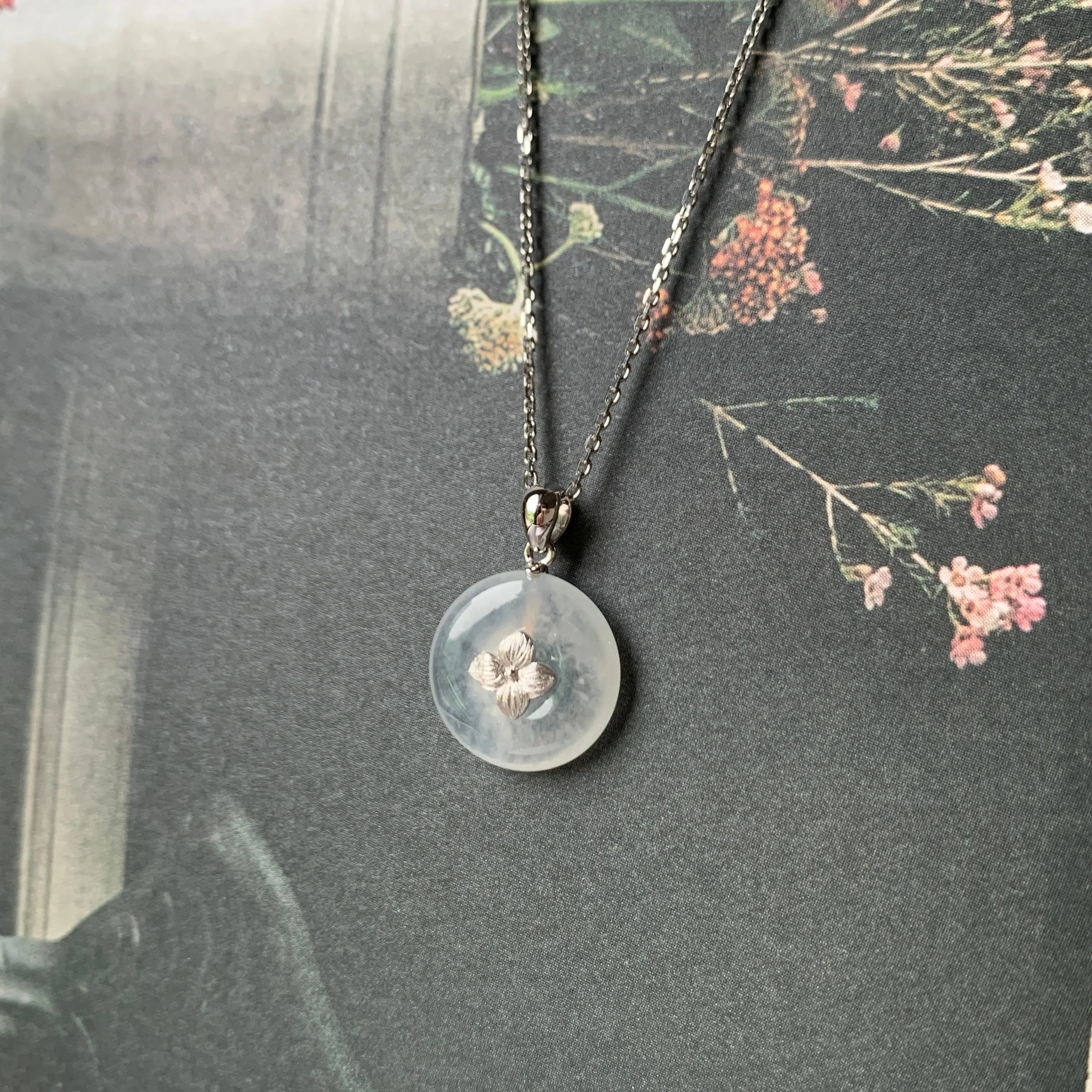 SOLD OUT - Icy A-Grade Jadeite Bespoke Donut Pendant (Hydrangea Flower) No.171905