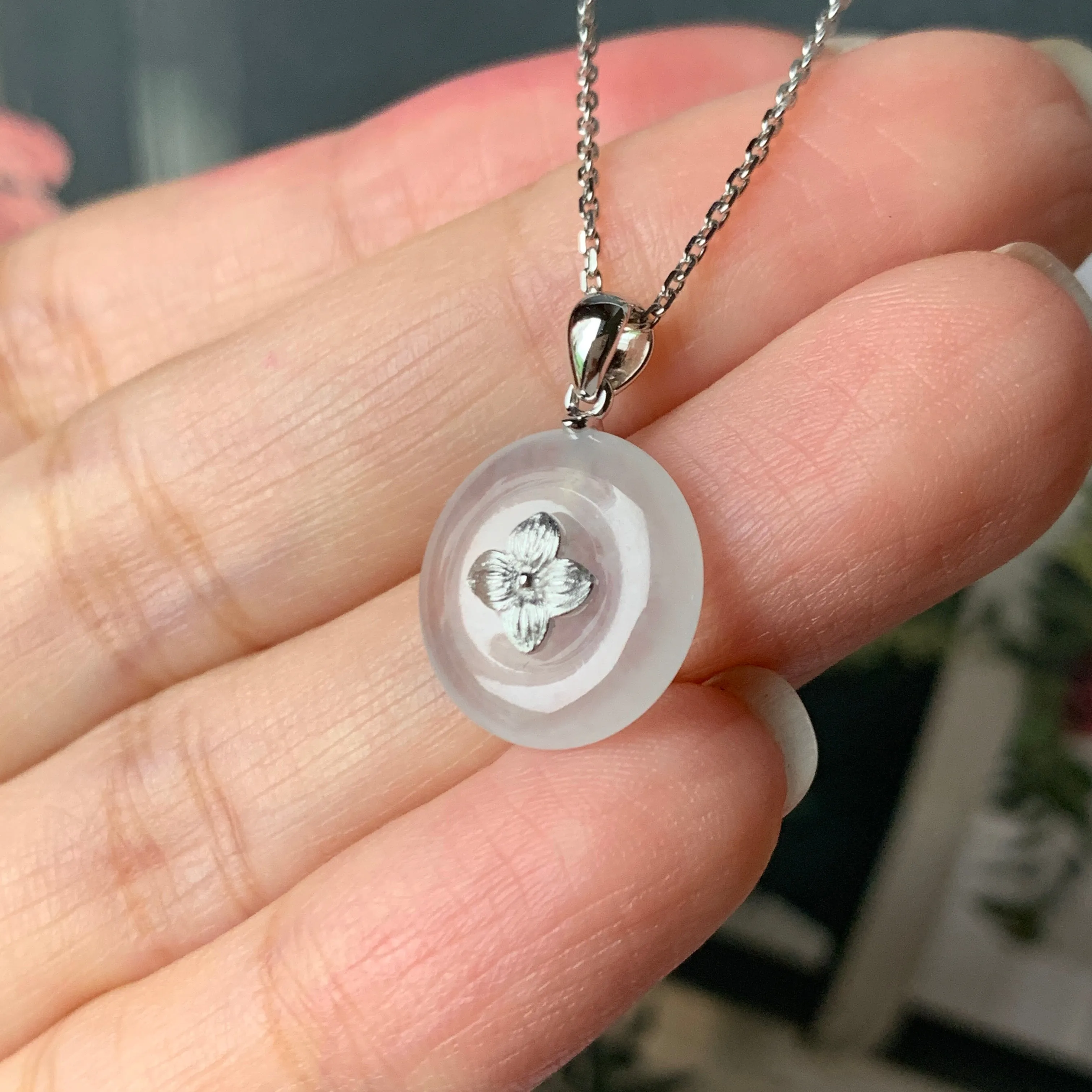 SOLD OUT - Icy A-Grade Jadeite Bespoke Donut Pendant (Hydrangea Flower) No.171905