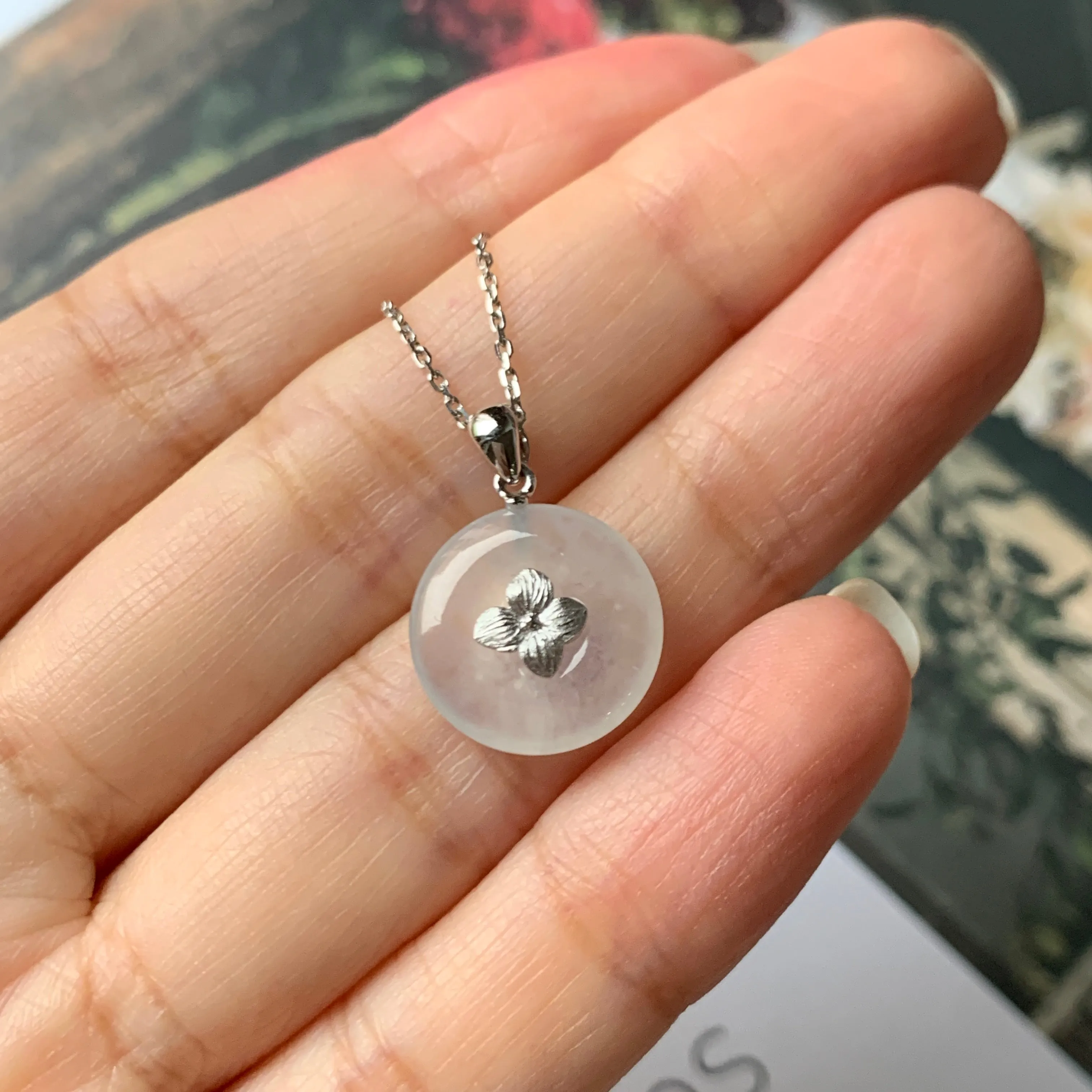 SOLD OUT - Icy A-Grade Jadeite Bespoke Donut Pendant (Hydrangea Flower) No.171905