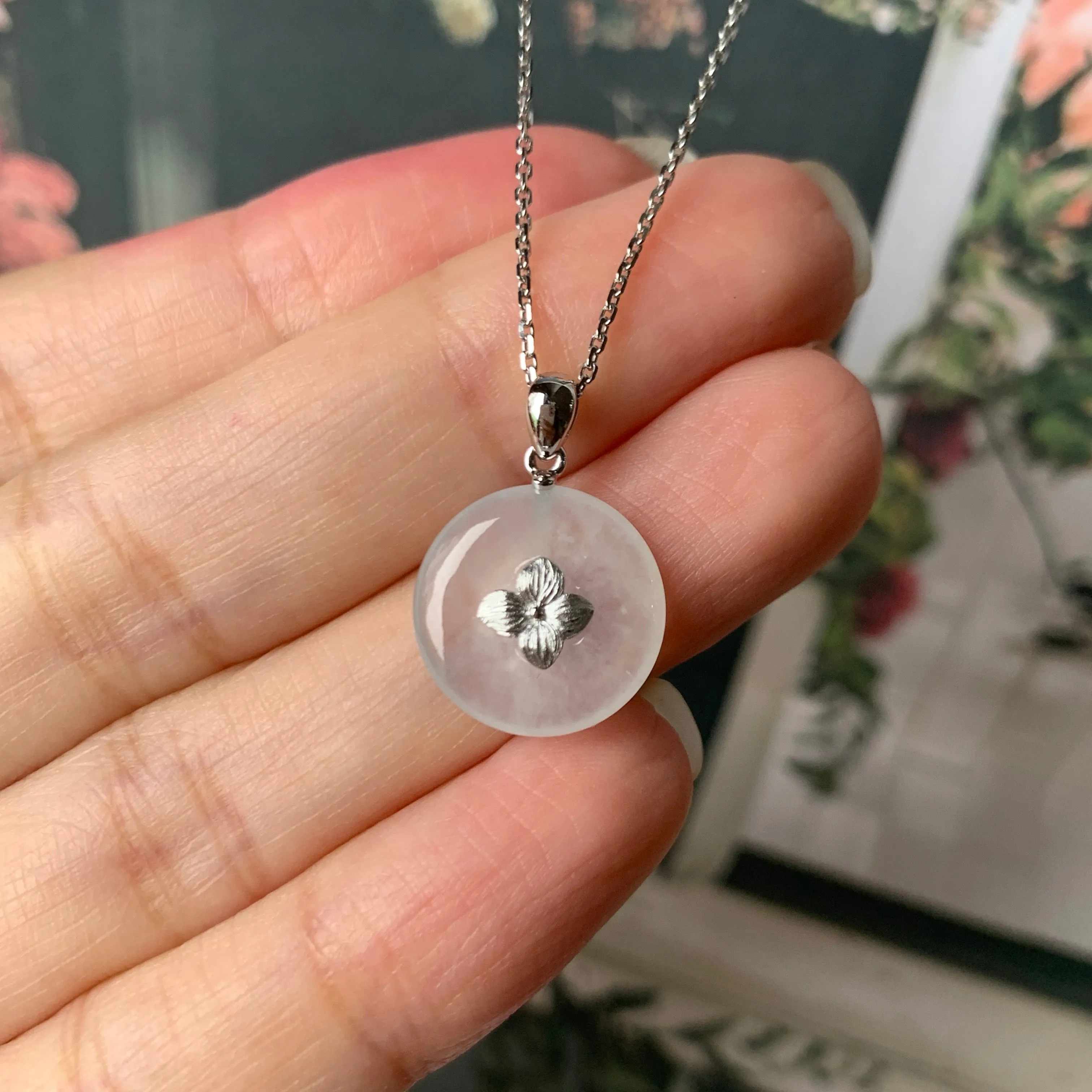 SOLD OUT - Icy A-Grade Jadeite Bespoke Donut Pendant (Hydrangea Flower) No.171905