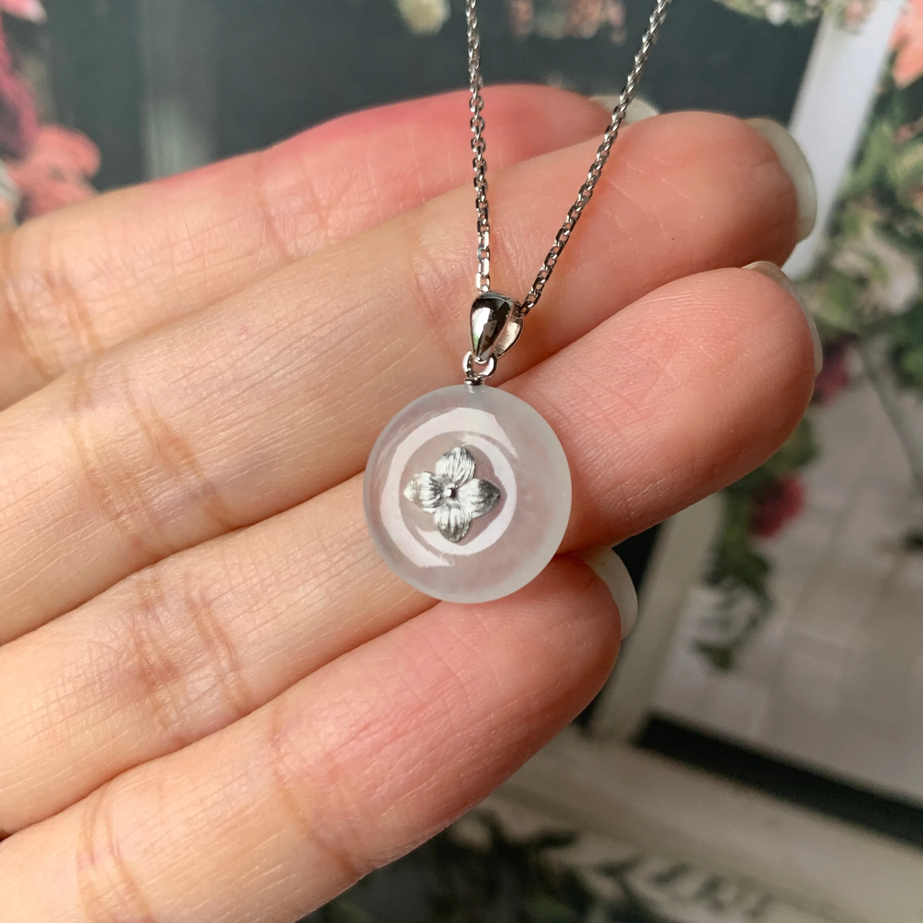 SOLD OUT - Icy A-Grade Jadeite Bespoke Donut Pendant (Hydrangea Flower) No.171905