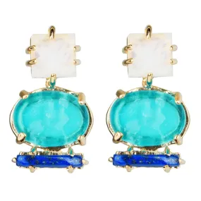 Square Faceted Moonstone, Griffin Intaglio & Lapis Bar Earrings
