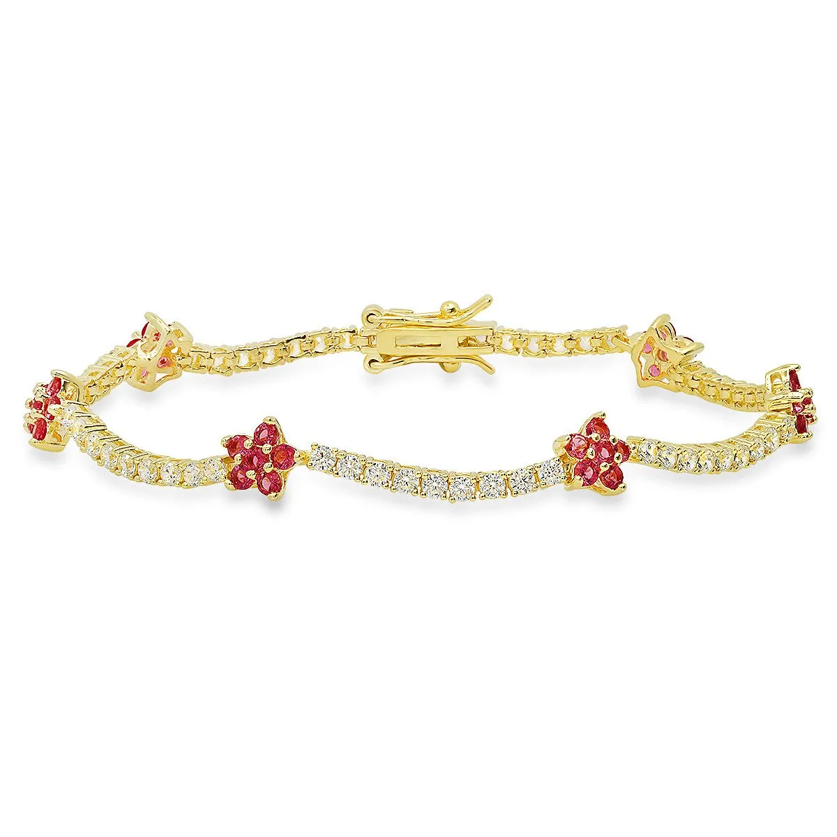 Sterling Silver 7.25" CZ Pink Sapphire Floral Station Tennis Bracelet