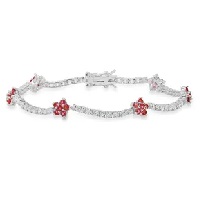 Sterling Silver 7.25" CZ Pink Sapphire Floral Station Tennis Bracelet