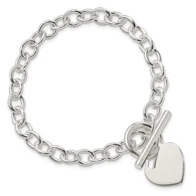 Sterling Silver 7mm Wide Engravable Heart Charm Toggle 7.75" Bracelet