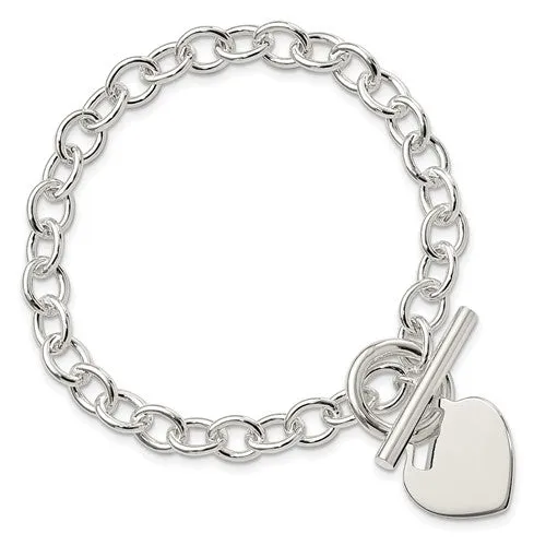 Sterling Silver 7mm Wide Engravable Heart Charm Toggle 7.75" Bracelet