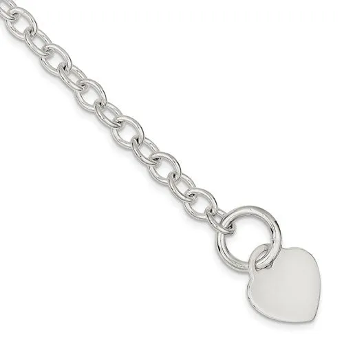 Sterling Silver 7mm Wide Engravable Heart Charm Toggle 7.75" Bracelet