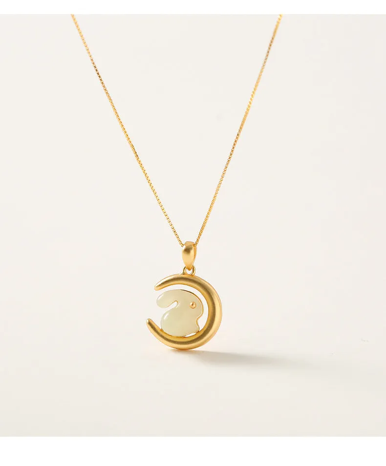 Sterling Silver Hetian Jade Rabbit Necklace - Zodiac Rabbit Pendant