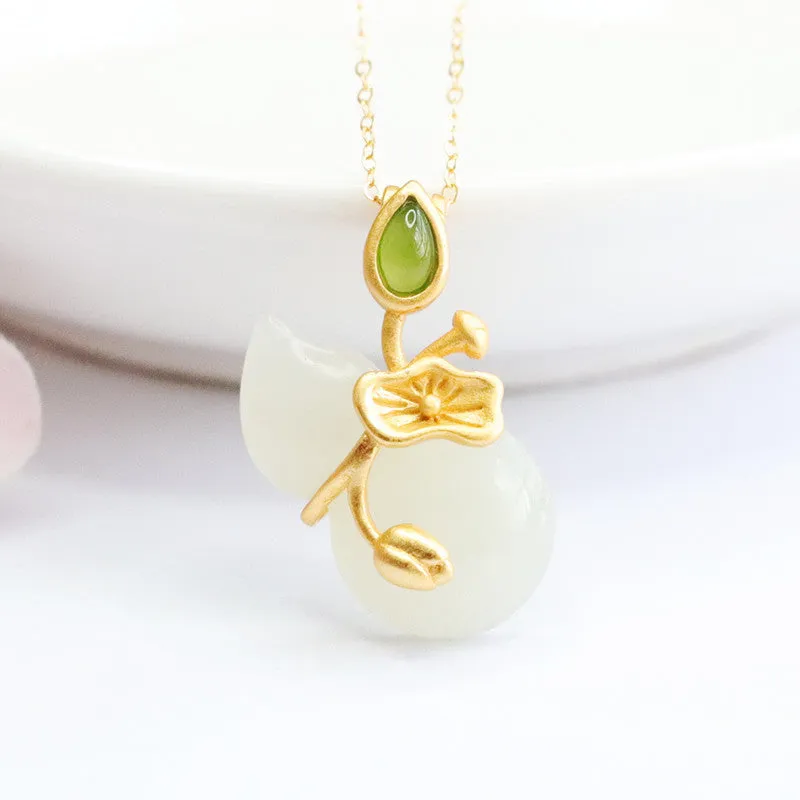 Sterling Silver Necklace with Natural Hotan White Jade Gourd and Lotus Design