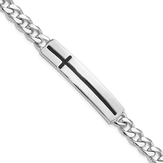 Sterling Silver Rhodium-plated Enameled Cross on Bar Men's  Bracelet