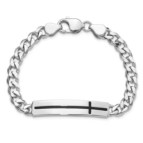 Sterling Silver Rhodium-plated Enameled Cross on Bar Men's  Bracelet