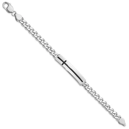 Sterling Silver Rhodium-plated Enameled Cross on Bar Men's  Bracelet