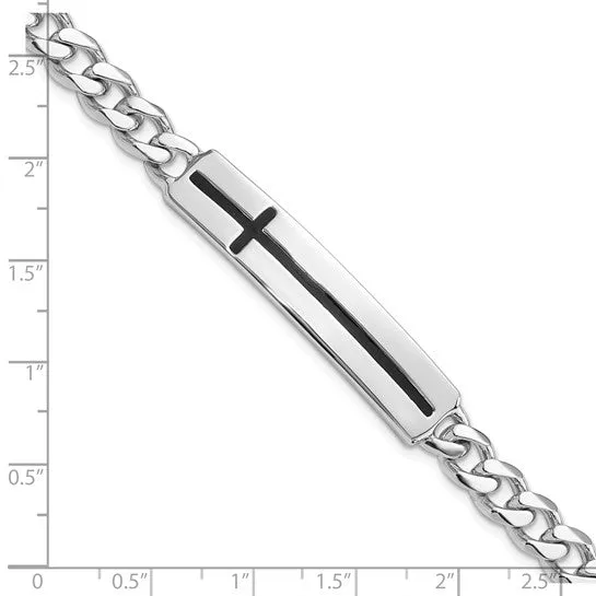Sterling Silver Rhodium-plated Enameled Cross on Bar Men's  Bracelet