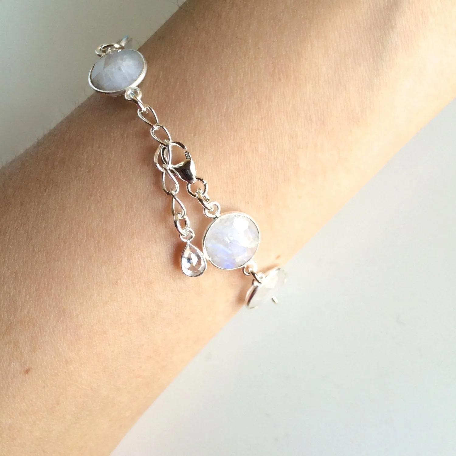 Sterling Silver wrapped Moonstones w/ Sterling Silver Clasp and Links