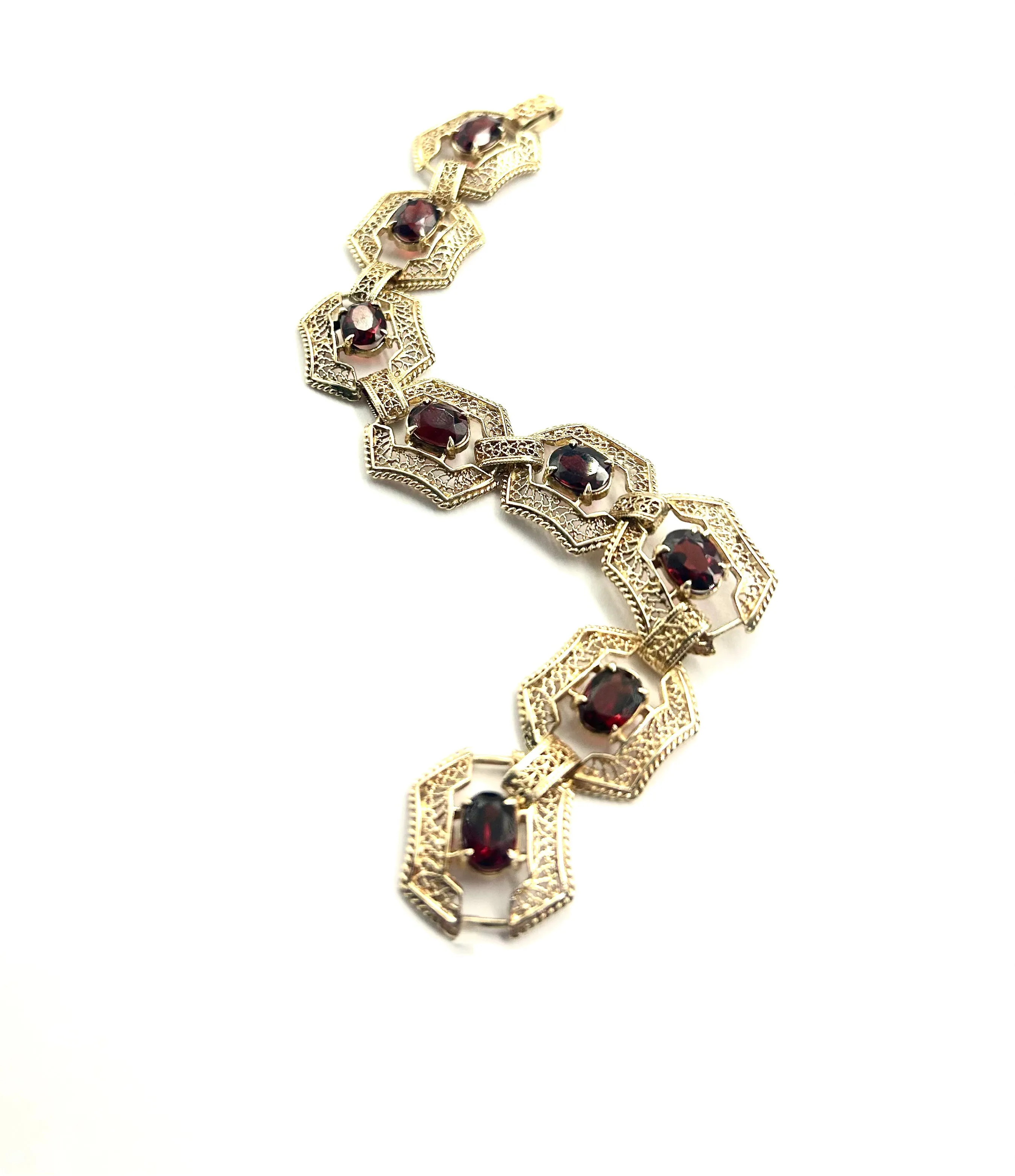 Stunning Garnet & 14K Gold Filigree Frame Link Bracelet