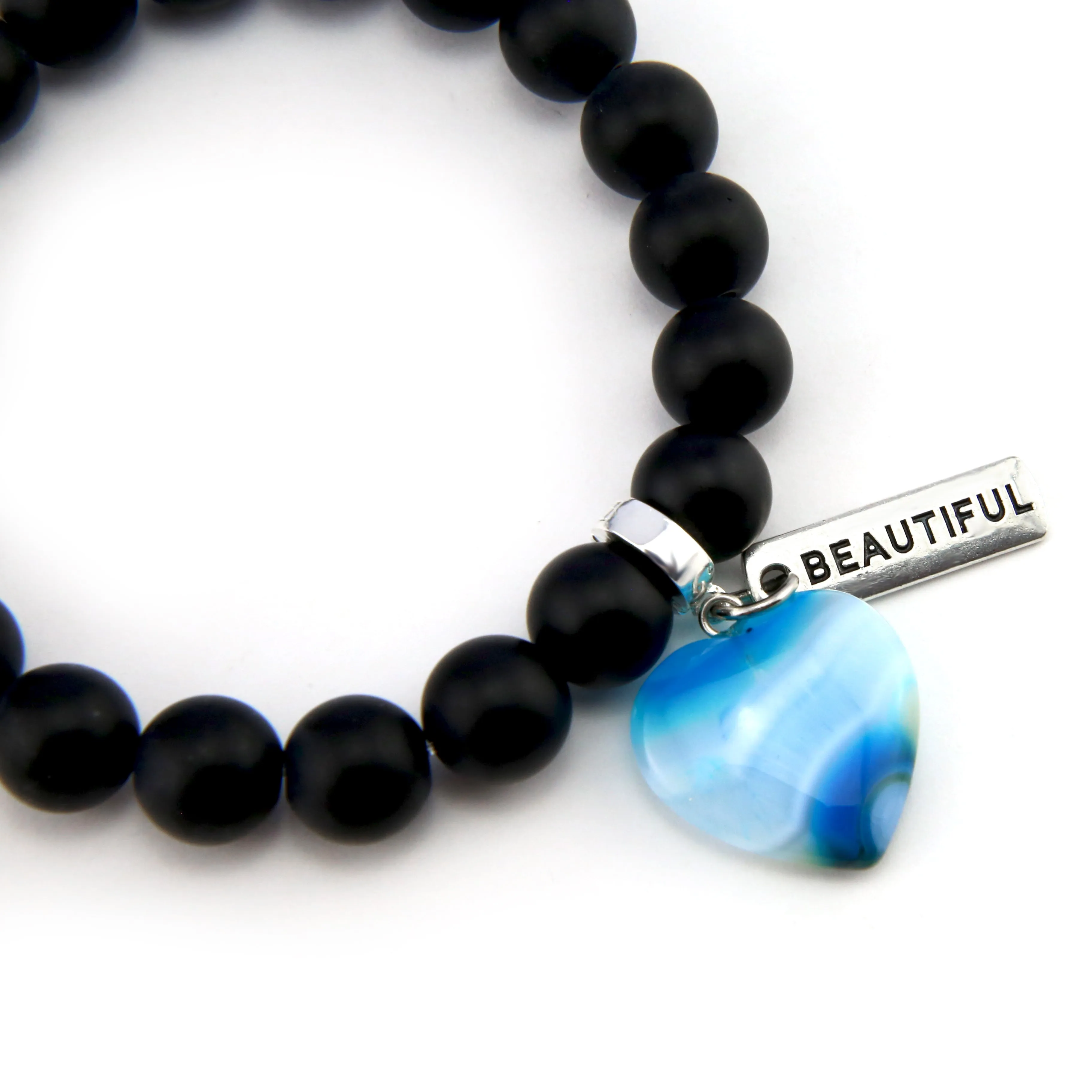 SWEETHEART Bracelet - 10mm MATT BLACK ONYX stone beads with BLUE Heart & Word Charm