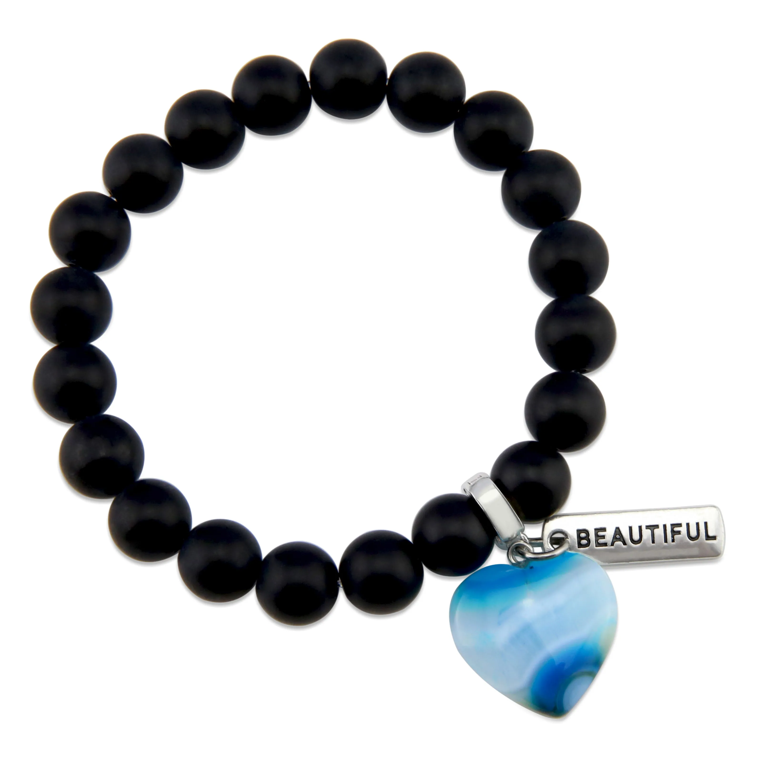 SWEETHEART Bracelet - 10mm MATT BLACK ONYX stone beads with BLUE Heart & Word Charm