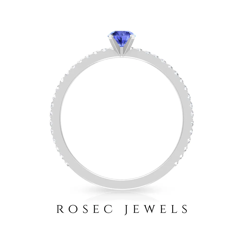 Tanzanite Dainty Solitaire Ring with French Pave Set Diamond