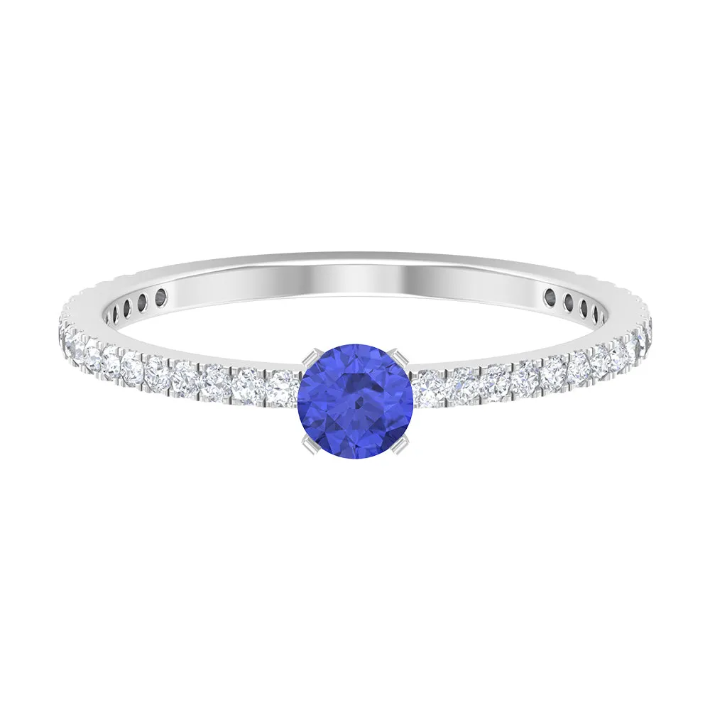 Tanzanite Dainty Solitaire Ring with French Pave Set Diamond