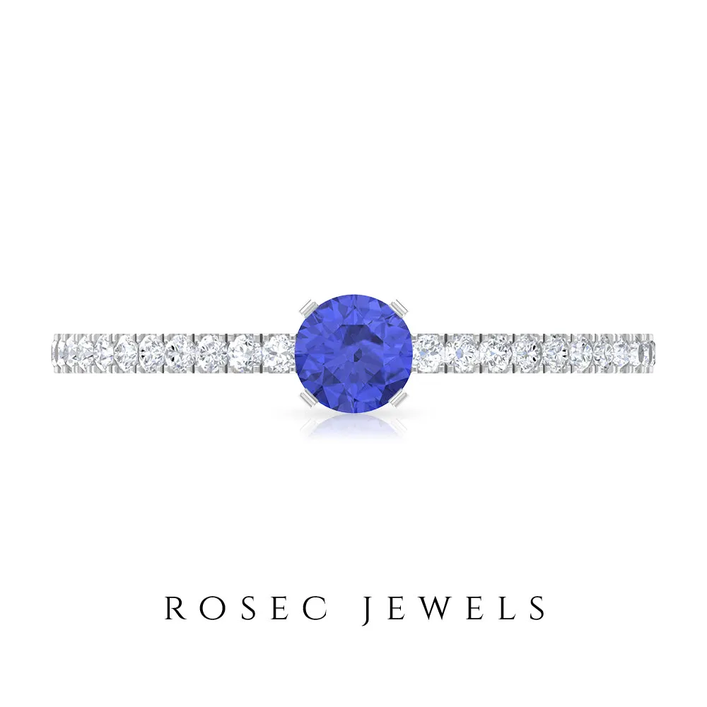 Tanzanite Dainty Solitaire Ring with French Pave Set Diamond