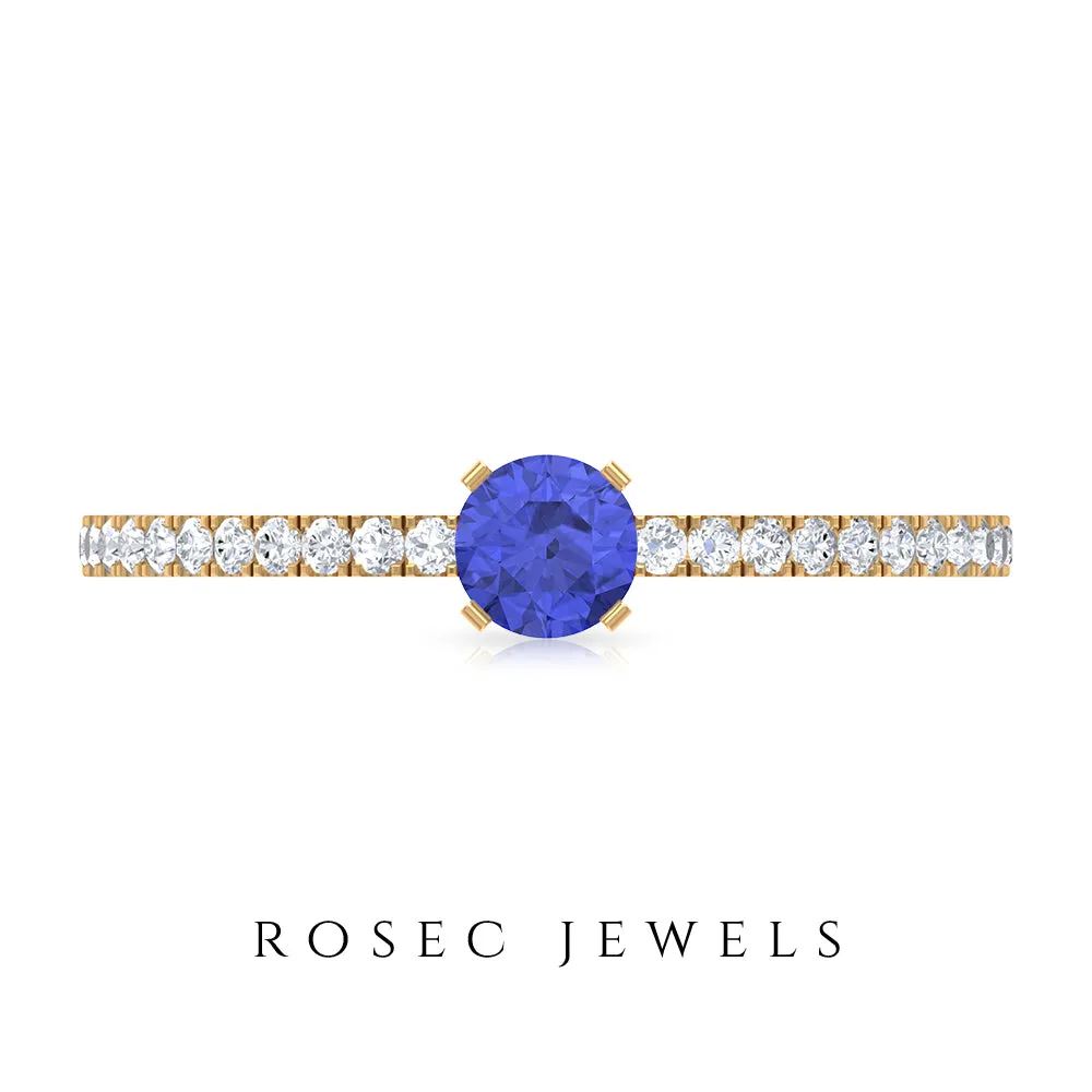 Tanzanite Dainty Solitaire Ring with French Pave Set Diamond