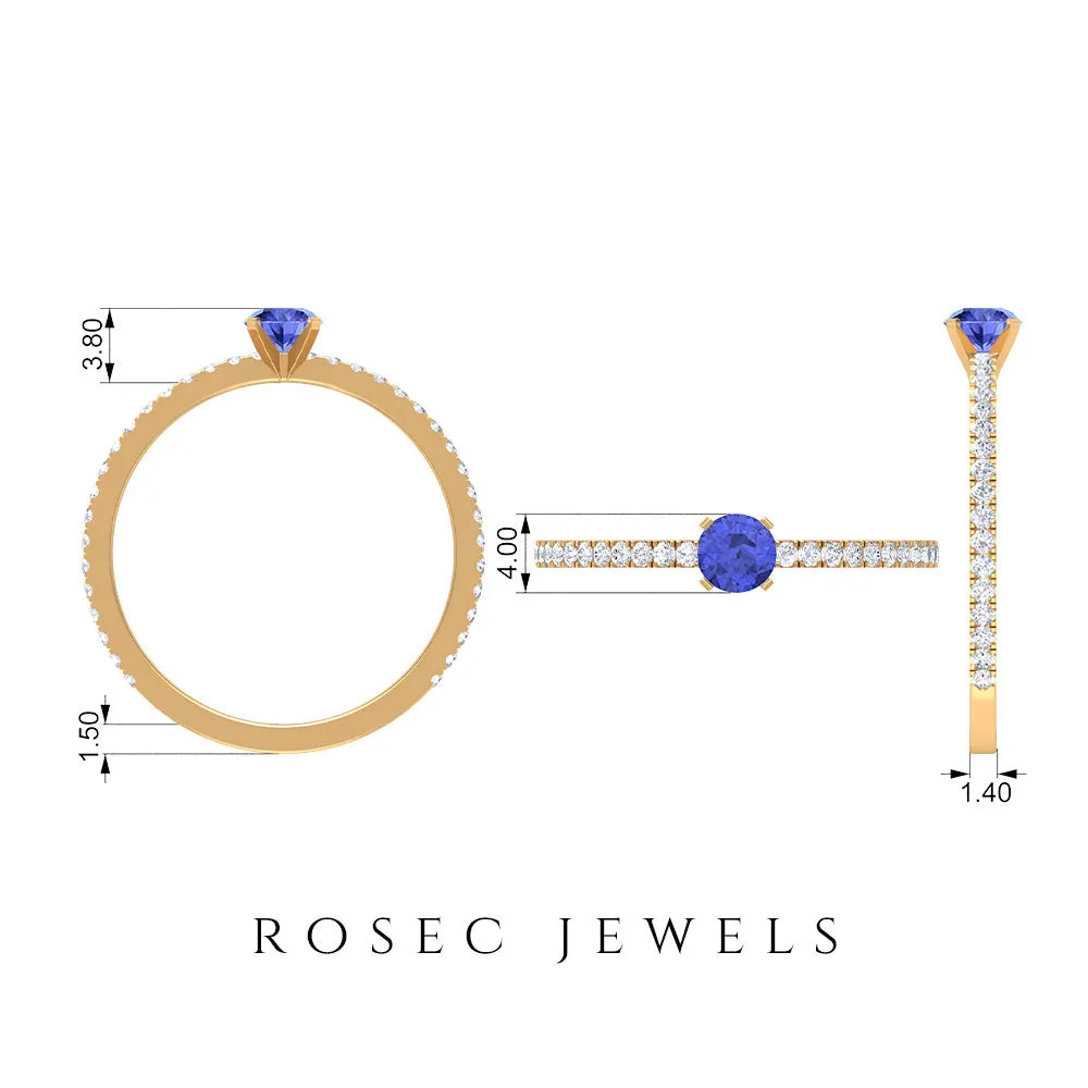 Tanzanite Dainty Solitaire Ring with French Pave Set Diamond