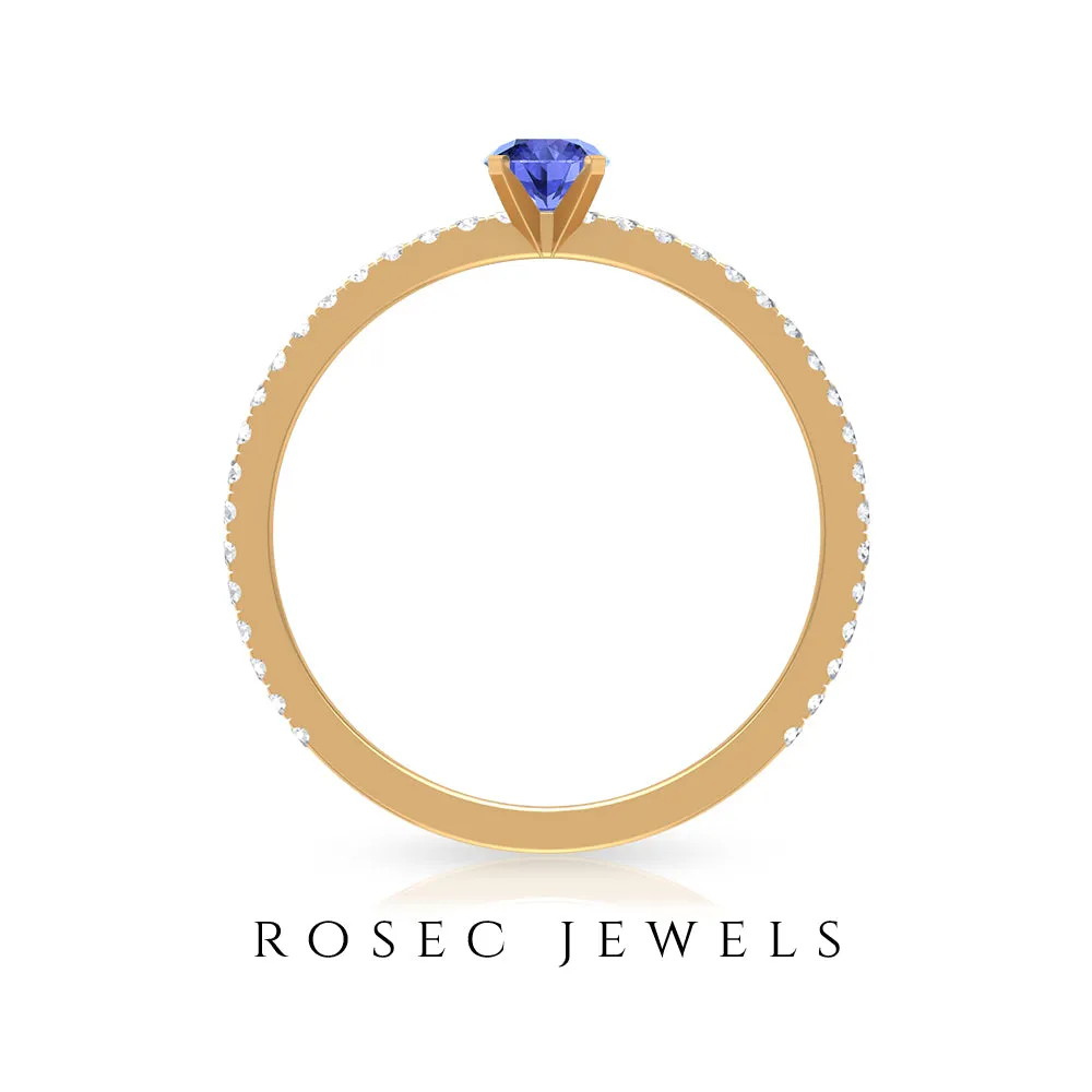 Tanzanite Dainty Solitaire Ring with French Pave Set Diamond