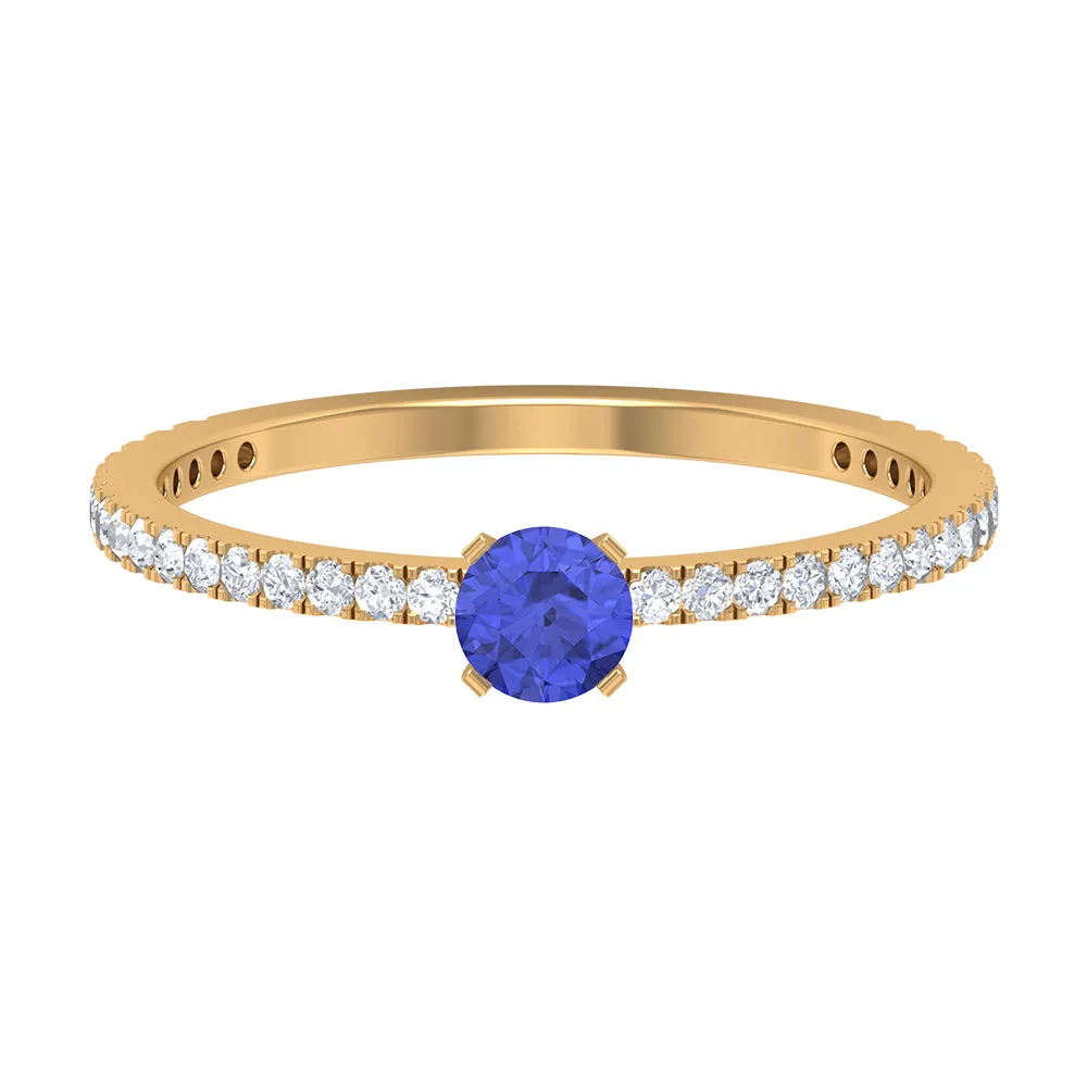 Tanzanite Dainty Solitaire Ring with French Pave Set Diamond