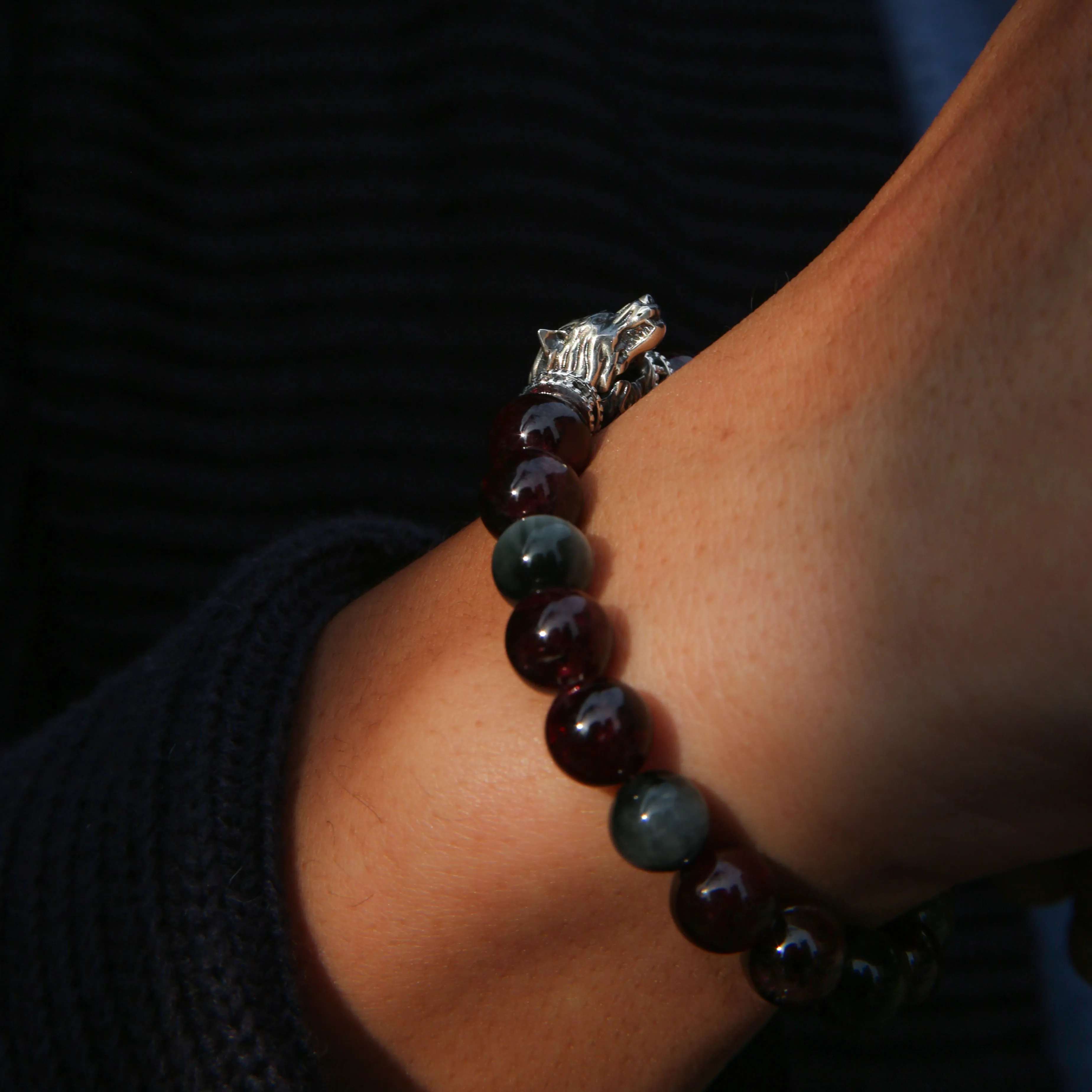 The Blood Moon | Garnet & Hawk Eye Wolf Bracelet