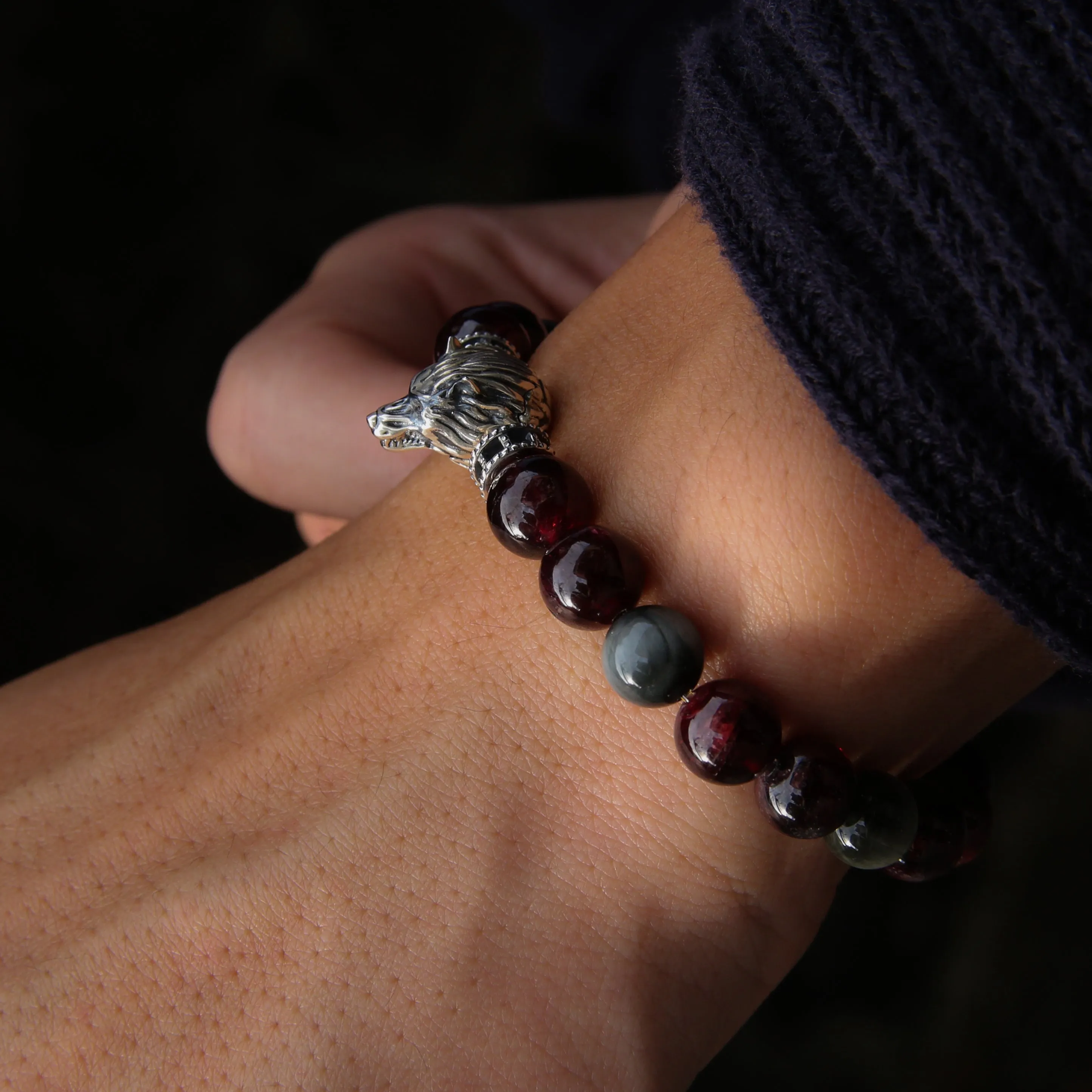 The Blood Moon | Garnet & Hawk Eye Wolf Bracelet