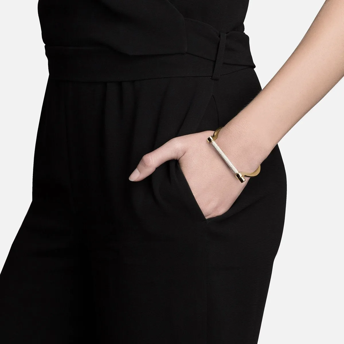 Thin Modern Screw Cuff, 14k Gold Pavé