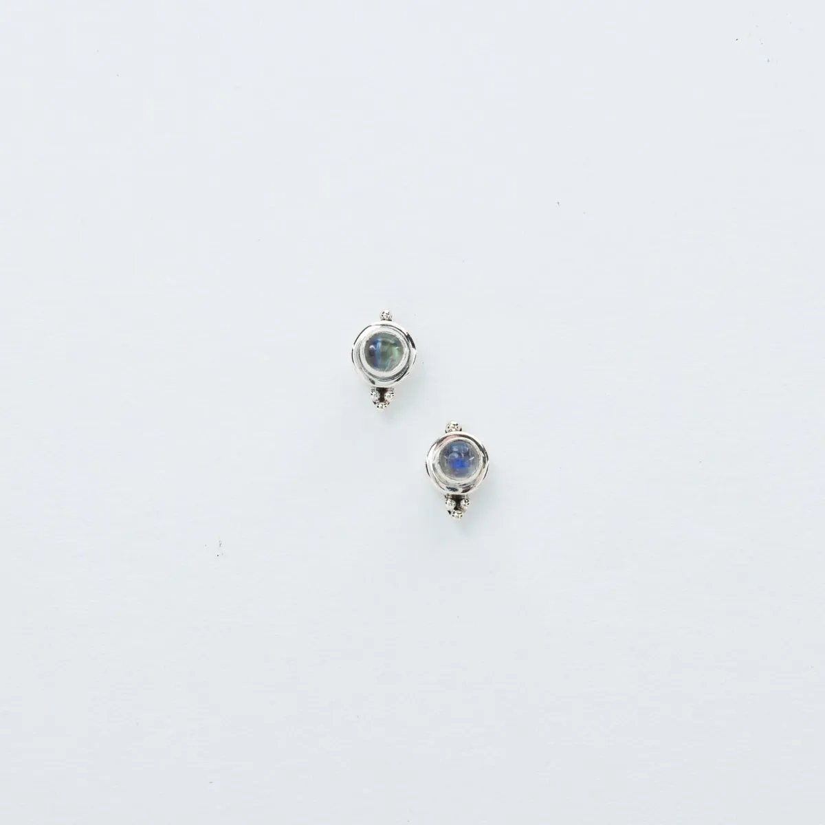 Tiny Rainbow Moonstone Stud Earrings in Sterling Silver