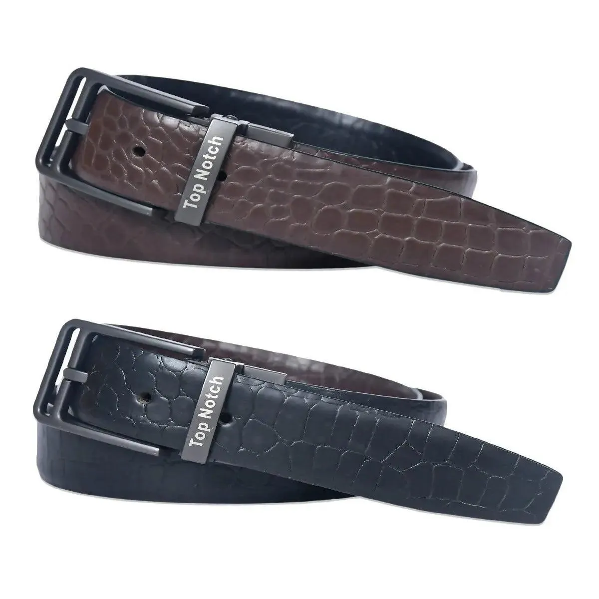 Top Notch Leather Belt for Men Colour Black / Dark Brown Croco Print Reversible Italian Belt (SKU TP0016)