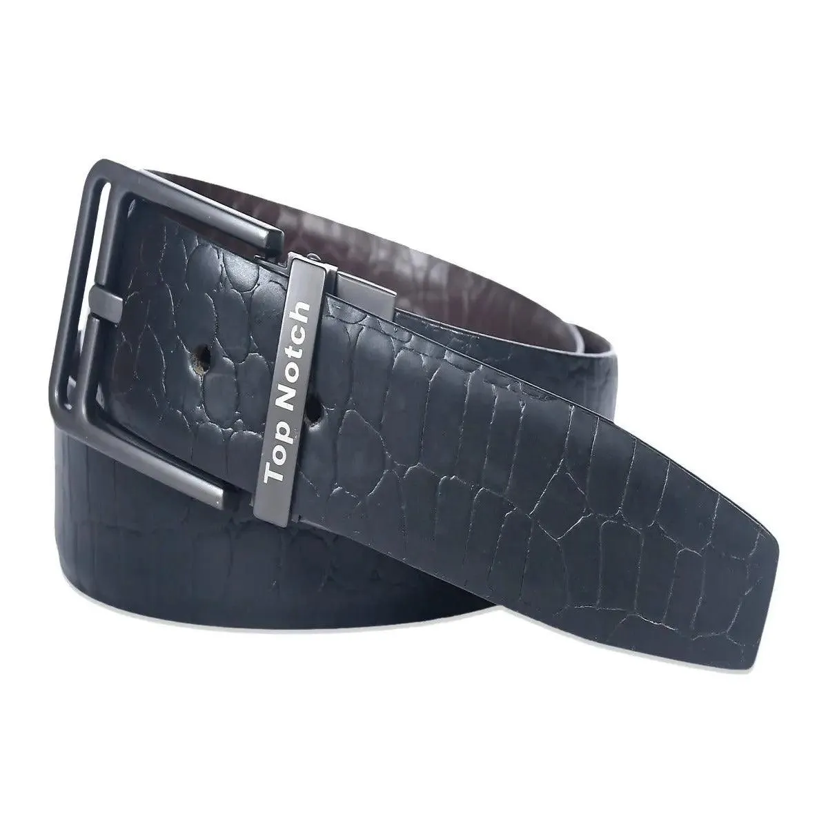 Top Notch Leather Belt for Men Colour Black / Dark Brown Croco Print Reversible Italian Belt (SKU TP0016)