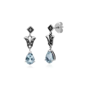 Topas Ohrringe, Sterling Silber Blauer Topas & Markasit Birne Jugendstil Ohrhänger