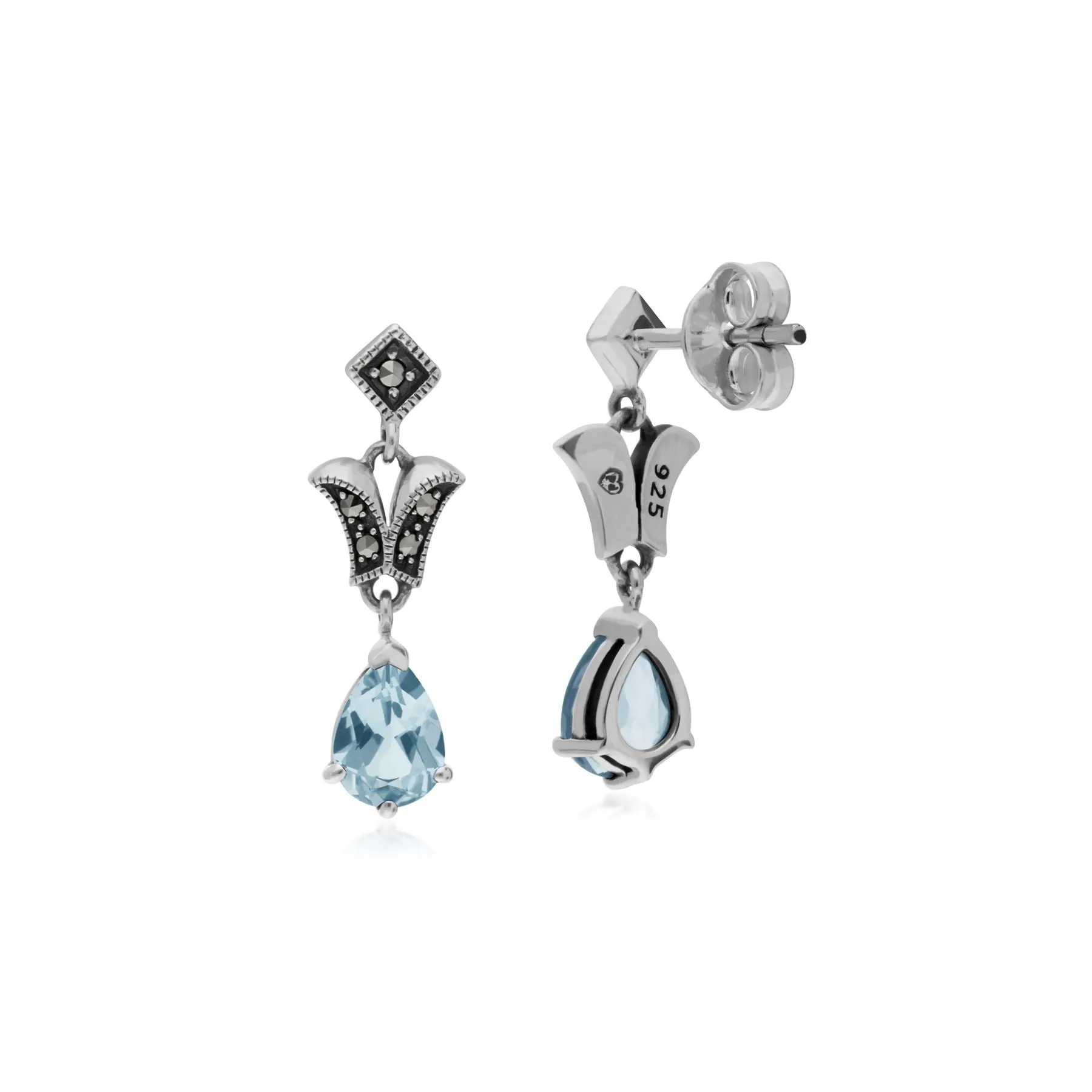 Topas Ohrringe, Sterling Silber Blauer Topas & Markasit Birne Jugendstil Ohrhänger