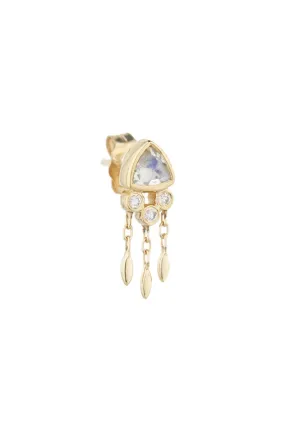 Triangle Moonstone and Dangling Diamonds Single Earring - Diamonds and Yellow Gold