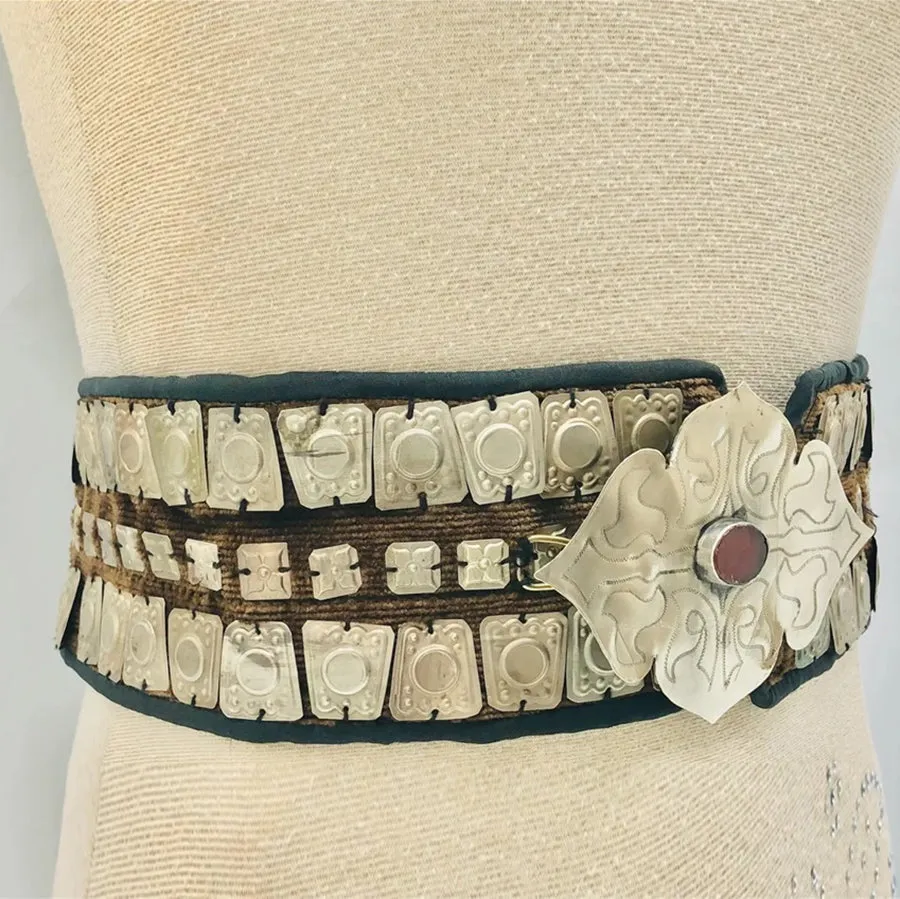 Turkman Belly Belt, Vintage Tribal Belt With Silver Motif
