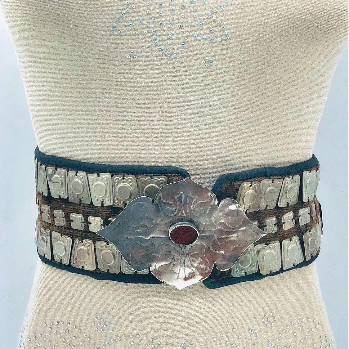 Turkman Belly Belt, Vintage Tribal Belt With Silver Motif
