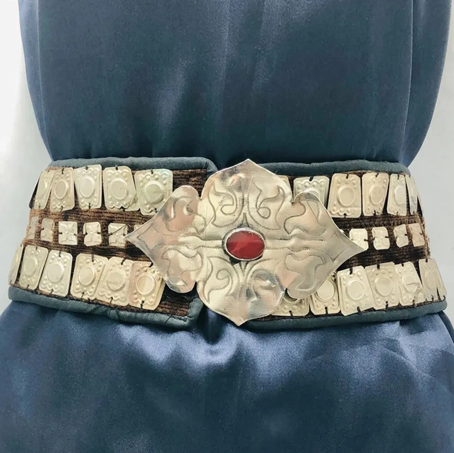 Turkman Belly Belt, Vintage Tribal Belt With Silver Motif