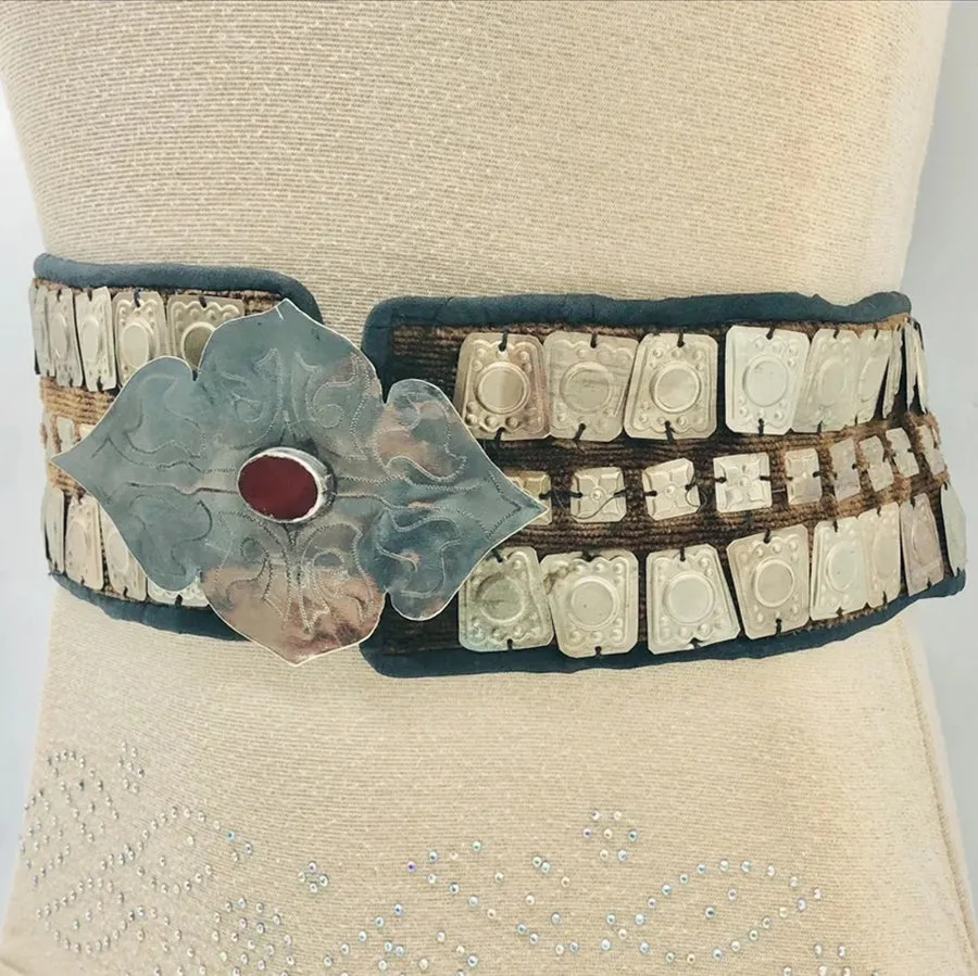 Turkman Belly Belt, Vintage Tribal Belt With Silver Motif