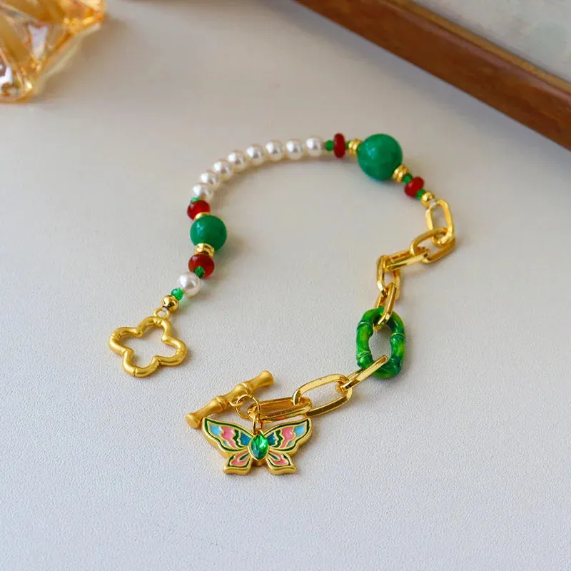 VAIGE Elegant Metal Butterfly Bracelet with Pearl Green Beads and Gold Box Chain
