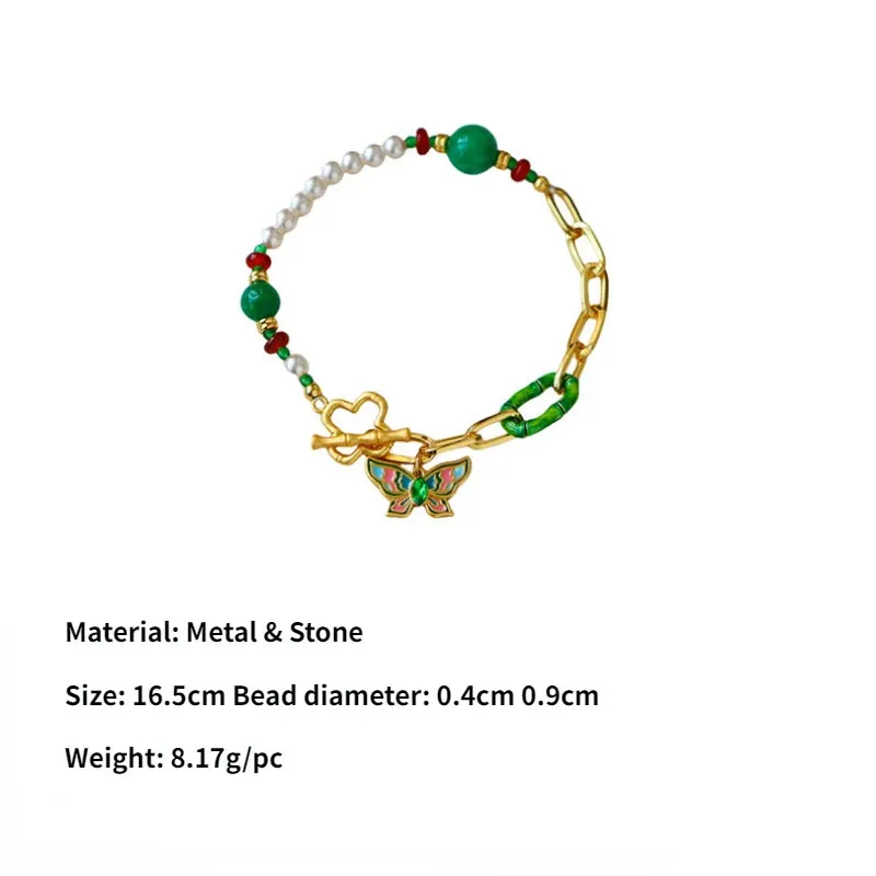 VAIGE Elegant Metal Butterfly Bracelet with Pearl Green Beads and Gold Box Chain
