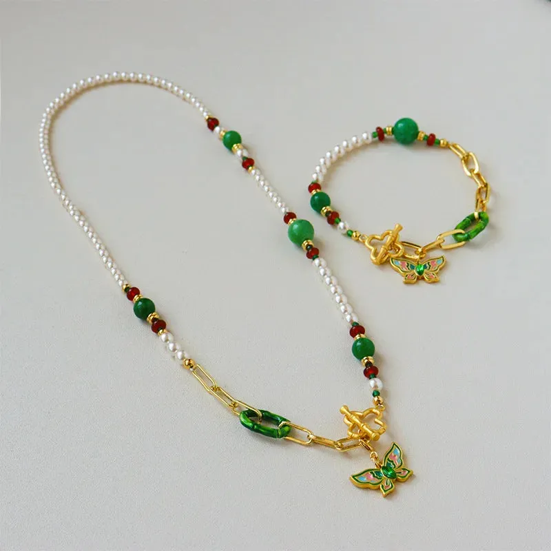 VAIGE Elegant Metal Butterfly Bracelet with Pearl Green Beads and Gold Box Chain